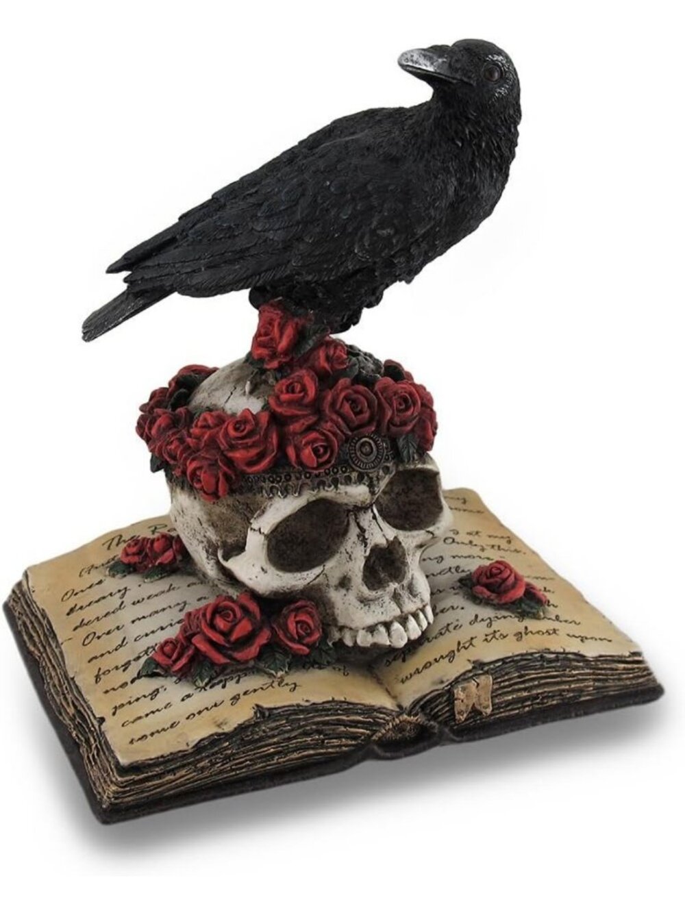Hand-Painted Raven on Rose Skull Statue & Poetry Book - Unique Gothic Decor